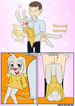 anthro back_wings bedroom_eyes blush blush_lines carrying_another carrying_partner cartoon_freckles clothing dialogue duo eyelashes female freckled_face freckles long_eyelashes male male/female motion_lines narrowed_eyes robe robe_only seductive undressing wings otakon_(artist) angel_hare the_east_patch angel_gabby jonah_whitman angel human lagomorph mammal comic hi_res