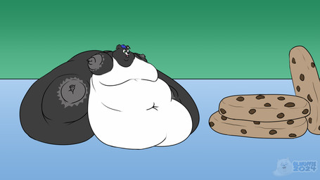 4_fingers 4_toes anthro belly big_belly black_body black_fur black_nose blue_body blue_eyes blue_fur cookie deep_navel excited feet fingers food fur gloves_(marking) green_eyes happy heterochromia huge_belly hyper hyper_belly immobile leg_markings male markings micro moobs multicolored_body multicolored_fur navel open_mouth pink_tongue sitting socks_(marking) solo toes tongue glwuffie canid canine canis domestic_dog mammal 16:9 2024 hi_res widescreen