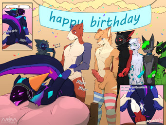 anal anal_penetration anthro anus arms_pulled_back aroused balls bed bedroom_eyes bent_over bent_over_bed big_butt big_penis big_tail birthday blush bodily_fluids butt clothing cum cum_in_ass cum_inside dialogue erection excessive_genital_fluids femboy femboy/femboy friends_with_benefits from_behind_position fur furniture genital_fluids genitals group group_sex hat headgear headwear humiliation knot legwear livestream looking_back looking_pleasured lying machine male male/male male_penetrated male_penetrating male_penetrating_male multi_genitalia narrowed_eyes nude on_bed open_mouth orgasm party party_hat penetration penile penile_penetration penis penis_in_ass queue recording running_a_train seductive sex simple_background smile tail text thigh_highs throbbing tongue tongue_out smashedplate21 aston_the_protogen blaze_the_protogen nightphin nova_(smashedplate21) armorless_protogen canid canine canis domestic_dog felid fox hunting_dog mammal novabeast pantherine protogen snow_leopard terrier 4:3 absurd_res colored comic digital_drawing_(artwork) digital_media_(artwork) english_text hi_res shaded