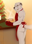 anthro apron apron_only beard biped butt clothing dessert eyewear facial_hair food fur furgonomic_underwear furgonomics glasses handwear holidays looking_at_viewer male mostly_nude oven_mitts panties pastry pie simple_background smile solo standing tan_background underwear white_body white_fur pig_(artist) christmas laskey canid canine canis domestic_dog hunting_dog irish_wolfhound mammal sighthound 2021 digital_media_(artwork) hi_res