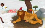 anthro bodily_fluids christmas_clothing christmas_headwear clothing erection fur genital_fluids genitals hair headgear headwear holidays humanoid_genitalia humanoid_penis leaking_precum looking_at_viewer male nipples nude penis plant precum smile snow snowing solo tail text tree sarkvy christmas disney the_lion_king kovu_(the_lion_king) simba_(the_lion_king) felid lion mammal pantherine 16:10 absurd_res digital_media_(artwork) hi_res widescreen