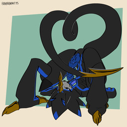 anthro ass_up black_body black_sclera claws cloacal_penis erection genitals gesture horn male penis solo stinger stinger_tail tail tail_gesture tail_heart b00b00keys bandai_namco digimon digimon_(species) gulusgammamon scalie 1:1 hi_res