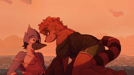 anthro bedroom_eyes city cityscape clothing cloud crawling duo lying male male/male narrowed_eyes on_back seductive sunset surprised underwear mynameiscomic cartoon_network regular_show mordecai_(regular_show) rigby_(regular_show) avian bird blue_jay corvid jay_(bird) mammal new_world_jay oscine passerine procyonid raccoon hi_res