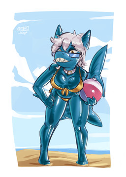 alternate_species anthro beach bikini blue_body breasts clothing collar eyewear female glasses glistening glistening_body grey_hair hair holding_beach_ball outside smile solo swimwear tail two-piece_swimsuit yellow_bikini yellow_clothing yellow_swimwear anthromage tara_greenfield aquatic fish shark 2025 absurd_res hi_res