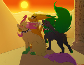 anus backsack balls barely_visible_genitalia barely_visible_penis black_body black_fur blush butt collar desert dominant dominant_female dominant_feral eyes_closed female feral fur genitals green_hair green_pawpads grey_body grey_fur group hair holding_chin male pawpads penis pyramid raised_tail smile spiked_collar spikes sun tail yellow_body yellow_fur candyfoxy nintendo pokemon akira_(candyfoxy) fan_character nainnain scourge_(l01270906) eeveelution flareon generation_1_pokemon generation_4_pokemon jolteon leafeon pokemon_(species) digital_media_(artwork) shaded