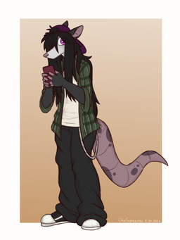 anthro backwards_baseball_cap backwards_hat baseball_cap black_hair border bottomwear cellphone chain clothing electronics female flannel_shirt fur green_clothing green_shirt green_topwear grey_body grey_fur hair hat headgear headwear hidden_mouth holding_cellphone holding_object holding_phone holding_smartphone long_hair looking_at_viewer oversized_bottomwear oversized_clothing oversized_pants pants phone purple_eyes shirt simple_background smartphone solo standing t-shirt tail topwear white_border white_clothing white_shirt white_t-shirt white_topwear yellow_background dansharkman chips_(dansharkman) american_opossum mammal marsupial virginia_opossum 3:4 english_description hi_res