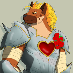 anthro armor bandage bandaged_arm belly blonde_hair brown_body brown_fur dark_ears flower fur gem hair heart_(marking) knight male markings paladin plant rose_(flower) simple_background smile solo spots spotted_body spotted_fur warrior white_belly yellow_eyes daetoyin sir_dothar_nogal hyena mammal absurd_res digital_drawing_(artwork) digital_media_(artwork) hi_res