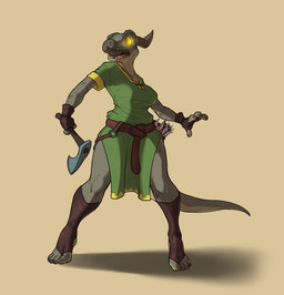 anthro arrow_(weapon) axe battle_axe belt breasts clothed clothing digitigrade fangs female gloves glowing glowing_eyes handwear holding_object holding_weapon horn melee_weapon non-mammal_breasts open_mouth orange_eyes quiver_(object) ranged_weapon scales shirt simple_background solo teeth topwear tunic weapon yellow_sclera siroc microsoft the_elder_scrolls argonian reptile scalie 2016 hi_res