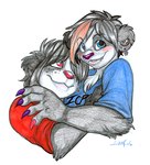 anthro band_merch band_shirt black_body black_fur black_hair blue_eyes blush clothed clothing colored_nails duo ear_piercing eyebrows female freckles fur glamfur hair highlights_(coloring) hug hugging_another looking_at_viewer male multicolored_body multicolored_fur nails piercing purple_nose red_eyes red_highlights red_nose shirt simple_background smile topwear two_tone_body two_tone_fur white_background white_body white_fur zeriara insane_clown_posse bear giant_panda hybrid mammal 2006 signature