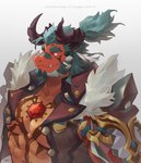abs anthro beard blue_hair chest_gem clothed clothing facial_hair gem hair horn male muscular muscular_male open_clothing open_topwear open_vest pecs ponytail red_body red_eyes red_scales scales sideburns solo topwear vest rpbbw anothereidos_of_dragon_vein_r mythology atmos_(anothereidos_r) dragon mythological_creature mythological_scalie scalie bust_portrait hi_res portrait