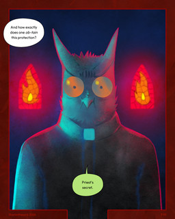 anthro border dialogue fire glowing intense_stare male offscreen_character orange_eyes poker_face priest priest_robes solo speech_bubble stained_glass stare text sharkinthepark avian bird owl 2026 4:5 absurd_res comic english_text hi_res