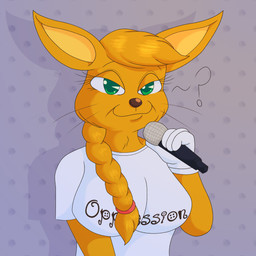 anthro braided_hair braided_ponytail breasts brown_nose clothing dotted_background electronics female fur gloves green_eyes grey_background hair handwear looking_at_viewer microphone orange_body orange_fur pattern_background ponytail question_mark shirt simple_background smile smiling_at_viewer solo standing text topwear whiskers white_clothing white_gloves white_handwear white_shirt white_topwear saltypupcake unknown_species absurd_res digital_media_(artwork) english_text hi_res