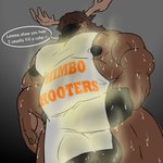 anthro big_pecs bodily_fluids hooters_uniform huge_pecs male muscular muscular_anthro muscular_male musk pecs pubes solo sweat sweatdrop text ppandogg himbo_hooters hooters moosedad_(largelurker) deer mammal moose new_world_deer 1:1 hi_res