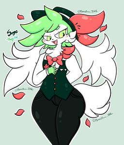 anthro bottomwear bow_tie clothing green_eyes green_hair hair hat headgear headwear male pants shirt solo thick_thighs topwear white_body wide_hipped_male wide_hips lewdchuu_(artist) nintendo pokemon sage_(lewdchuu) generation_4_pokemon legendary_pokemon pokemon_(species) shaymin sky_forme_shaymin hi_res