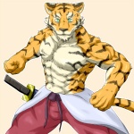 abs anthro belt biceps big_muscles bottomwear clothed clothing flexing fur green_eyes looking_at_viewer male melee_weapon muscular muscular_anthro muscular_male pants pecs pose solo stripes sword tail topless weapon wildheit felid mammal pantherine tiger 1:1