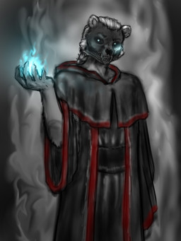 anthro black_bone blue_fire bone braided_hair clothing colored_fire constellation_markings cultist elemental_manipulation fire fire_manipulation fur glowing glowing_eyes grey_body grey_fur hair looking_at_viewer magic_user male robe skull skull_head small_ears smoke solo teeth white_body alex_hound lun_(lunerman) bear mammal polar_bear ursine 3:4 absurd_res hi_res portrait three-quarter_portrait