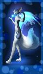 anthro digitigrade feathered_wings feathers fluffy fluffy_tail fur grey_body grey_fur grey_hair hair solo tail white_body white_fur wings rikitoka mammal 2013 hi_res