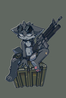 ambiguous_gender anthro assault_rifle box bra clothing container crate eyewear glasses gun m16 pawpads ranged_weapon rifle round_glasses simple_background sitting solo underwear weapon daum canid canine mammal hi_res