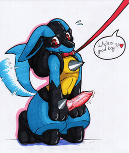 animal_genitalia animal_penis anthro bdsm blue_body blue_fur blush bodily_fluids canine_genitalia canine_penis collar dialogue fur genitals good_boy knot leash leash_pull male penis petplay roleplay simple_background smile solo tail tail_motion tailwag text white_background rotten_owl nintendo pokemon generation_4_pokemon lucario pokemon_(species) english_text hi_res traditional_media_(artwork)