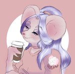 anthro coffee_cup container cup female grey_body hair purple_eyes purple_hair sitting smile solo milkmouse_miko mammal mouse murid murine rodent portrait