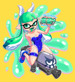 5_fingers 5_toes bodily_fluids breasts bunny_costume cleavage clothed clothing costume drooling eyelashes facial_markings fangs feet female fingers footwear gesture green_eyes green_hair hair head_markings holding_object humanoid_pointy_ears innuendo leaning leaning_backward leotard markings mask_(marking) open_mouth pointy_ears saliva shoes simple_background sitting smile solo straddling suggestive suggestive_gesture teeth toes tongue tongue_out minus8 nintendo parodius splatoon animal_humanoid aquatic aquatic_humanoid cephalopod cephalopod_humanoid humanoid inkling mollusk mollusk_humanoid 2020 absurd_res hi_res