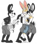 anthro assimilation clothing fleischer_style_toon forced group male overalls paint restrained simple_background toonification toony transformation twinning white_background cubi flir_(rabbit) flir_(toon_rabbit) inkblot lagomorph leporid mammal rabbit monochrome