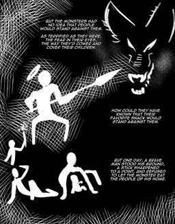 ambiguous_gender cave_painting feral group halo lore melee_weapon polearm spear text weapon thevarking human mammal 2025 black_and_white english_text hi_res monochrome story