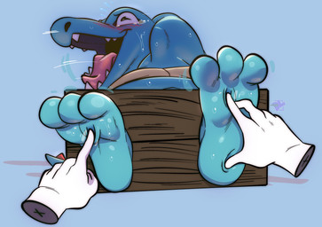 3_toes ambiguous_gender blue_background blue_body blue_scales blush bodily_fluids crying_laughing disembodied_hand feet foot_fetish foot_focus laugh open_mouth open_smile pink_tongue restrained restraints scales simple_background smile solo_focus stocks tail tears teeth tickle_fetish tickle_torture tickling tickling_feet toes tongue darqlugia nintendo pokemon generation_2_pokemon pokemon_(species) totodile absurd_res hi_res