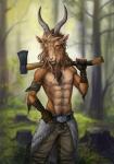 4_fingers anthro armband axe belt bottomwear brown_body brown_fur clothed clothing countershading detailed_background ear_piercing felling_axe fingerless_gloves fingers forest fur futhark gloves hand_on_belt handwear holding_object holding_weapon horn humanoid_hands looking_at_viewer lumberjack male melee_weapon nature nipples norse_runes outside pants piercing plant pose runes solo standing topless tree tree_stump weapon weapon_on_shoulder white_body white_countershading yellow_eyes anisis bovid caprine goat mammal