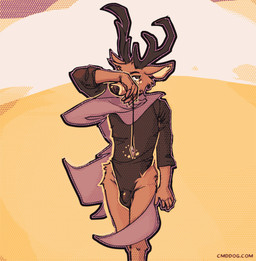 anthro antlers biped brown_body brown_fur bulge clothing crystal detailed_bulge fur genital_outline holding_object holding_pendulum horn leotard male pendulum penis_outline scarf solo text lawyerdog panko_(lawyerdog) deer mammal 2026 digital_media_(artwork) hi_res url