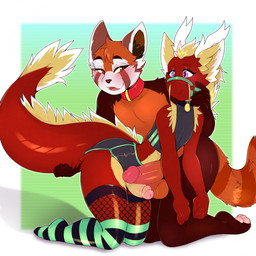 anthro balls blonde_hair body_hair bottomwear brown_body brown_fur brown_hair clothing collar crop_top digitigrade duo erection femboy fingers fluffy fluffy_ears fluffy_hair fluffy_tail fur genitals hair harness horn humanoid_genitalia humanoid_penis legwear male male/male multicolored_body multicolored_fur multicolored_hair nude penile penis purple_eyes red_body red_fur red_hair shirt shorts simple_background tail tail_tuft thigh_highs topwear tuft whiskers yellow_body yellow_fur gimnie asian_mythology east_asian_mythology mythology rivkk vitamin_c_(forwardpickup) ailurid dragon eastern_dragon mammal mythological_creature mythological_scalie red_panda scalie digital_drawing_(artwork) digital_media_(artwork) hi_res