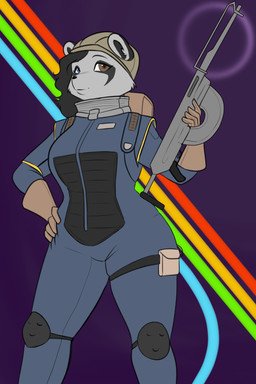 anthro armor breasts clothed clothing female fur gloves gun hair handwear ranged_weapon simple_background smile solo thick_thighs weapon blackbetty arc_raiders franciene_(tango's_family) mammal procyonid raccoon 2:3 absurd_res hi_res