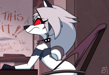anthro chair collar desk embarrassed female frown fur furniture grey_body grey_fur grey_hair hair looking_back multicolored_body multicolored_fur office_chair red_sclera solo spiked_collar spikes table tail tail_aside two_tone_body two_tone_fur wedgie white_body white_eyes white_fur whiteboard semidraws hellaverse helluva_boss mythology loona_(helluva_boss) canid canid_demon canine demon hellhound mammal mythological_canine mythological_creature hi_res