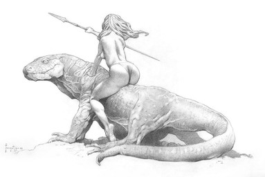 athletic athletic_female athletic_human big_butt bottomwear breasts butt clothed clothing duo fantasy female feral hair holding_object holding_weapon loincloth loincloth_only melee_weapon polearm rear_view riding simple_background spear topless topless_female topless_human weapon white_background frank_frazetta human lizard mammal reptile scalie 20th_century ancient_art graphite_(artwork) greyscale monochrome traditional_media_(artwork)