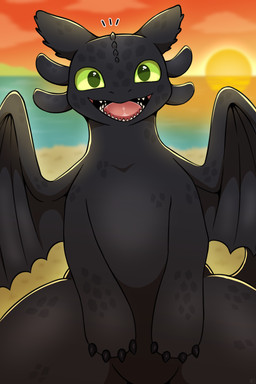 black_body black_scales blurred_background fangs feral green_eyes male membrane_(anatomy) membranous_wings scales smile solo sunset teeth wings vavacung dreamworks european_mythology how_to_train_your_dragon mythology toothless dragon fury_(httyd) mythological_creature mythological_scalie night_fury scalie western_dragon hi_res