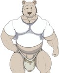 anthro beady_eyes big_biceps big_bulge brown_nose bulge closed_smile clothed clothing detailed_bulge front_view fur genital_outline genitals hand_on_hip looking_at_viewer male mouth_closed musclegut muscular pantsless pantsless_anthro pantsless_male penis penis_base penis_outline shirt simple_background smile solo tan_body tan_fur thick_thighs thong topwear underwear white_background white_clothing white_shirt white_topwear ryanmakana beastars riz_(beastars) bear brown_bear mammal ursine 2023 hi_res