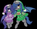 christmas_clothing christmas_headwear clothing duo female feral hat headgear headwear holidays looking_at_viewer purple_eyes santa_hat smile sweater topwear yellow_eyes wickedsilly christmas hasbro my_little_pony dusk_rhine fan_character racket_rhine bat_pony equid mammal sibling_(lore) sister_(lore) sisters_(lore)