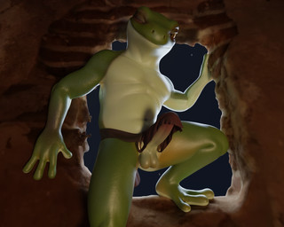4_fingers anthro balls bottomwear brown_eyes clothing countershade_torso countershading erection fingers genitals green_body humanoid_genitalia humanoid_penis ineffective_clothing ineffective_loincloth loincloth looking_at_viewer male one_eye_closed penis smile solo tenting wink winking_at_viewer no-name-no-problem amphibian frog 3d_(artwork) 5:4 digital_media_(artwork) hi_res