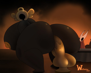 2_horns anthro armor big_breasts big_butt biped bodily_fluids breasts butt clothed clothing dildo empty_eyes female genitals headgear headgear_only helmet helmet_only hidden_face horn larger_female looking_at_another looking_back nipples nude observing penetration sex_toy sex_toy_insertion shocked simple_background size_difference solo text thick_thighs wide_hips wolfbaloo hollow_knight:_silksong hollow_knight_(franchise) team_cherry forge_daughter hornet_(hollow_knight) arthropod insect 2025 artist_name digital_media_(artwork) english_text hi_res