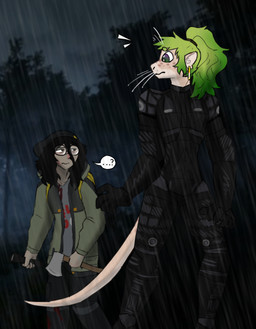 anthro armor clothed clothing duo eyewear glasses green_hair hair male raining size_difference surprised tail whiskers kawattame voices_of_the_void dr._kel ludano_onaeh alien ariral felid feline human mammal digital_media_(artwork) hi_res