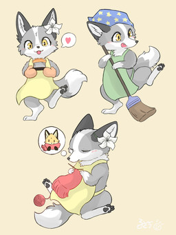 4_toes accessory anthro apron black_pawpads blush broom chibi cleaning_tool clothed clothing dipstick_tail eyes_closed feet female flower flower_accessory fur green_clothing grey_body grey_fur hair_accessory handwear headgear headwear heart_symbol holding_object leg_markings markings multicolored_body multicolored_fur multicolored_tail open_mouth pawpads paws plant semi-anthro simple_background sitting smile socks_(marking) solo speech_bubble standing tail tail_markings text thinking thought_bubble toes tongue tuft white_body white_fur yellow_body yellow_clothing yellow_eyes yellow_fur fusau canid canine fox mammal 2024 hi_res