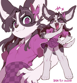 accessory anthro arm_tuft barefoot black_body black_fur black_hair blush blush_stickers bottomwear breasts butterfly_hair_accessory checkered checkered_bottomwear checkered_clothing checkered_skirt cheek_tuft clothing collared_shirt eyes_closed facial_tuft feet female fur hair hair_accessory hairpin hand_on_hip kemono laugh leg_tuft mouth_closed multiple_poses open_mouth pattern_bottomwear pattern_clothing pattern_skirt pose purple_bottomwear purple_clothing purple_eyes purple_shirt purple_skirt purple_topwear sharp_teeth shirt simple_background skirt small_breasts solo tail teeth topwear tuft white_background white_body white_fur sanjiro kemo-chan_(kaeritai07) canid canine canis chihuahua domestic_dog mammal toy_dog 2024 dated hi_res