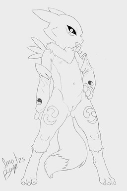 anthro armwear claws clitoris clothing digitigrade feet female flat_chested genitals loli long_ears long_tail looking_at_viewer neck_tuft nipples nude pose seductive simple_background smile smiling_at_viewer solo spread_legs spreading standing tail toe_claws toes tuft vulva young young_anthro young_female smol_boye bandai_namco digimon canid digimon_(species) mammal renamon 2:3 absurd_res digital_media_(artwork) hi_res monochrome pinup