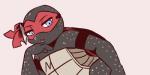 ambiguous_gender anthro arm_support armband bedroom_eyes blue_eyes brown_background clothing freckles half-closed_eyes kerchief leaning_on_elbow looking_at_viewer markings mask mole_(marking) narrowed_eyes seductive shell simple_background solo inkyfrog teenage_mutant_ninja_turtles raphael_(tmnt) reptile scalie turtle 2019 2:1