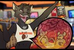 alcohol anthro beverage black_body black_fur black_hair bottle clothed clothing container cup cutaway disgust drinking_glass fangs front_view fur glass glass_container glass_cup group hair holding_bottle holding_container holding_object hooters_uniform inside inside_stomach liquor male narrowed_eyes open_mouth pink_eyes shot_glass size_difference teeth tongue tongue_out topwear trio vore white_clothing white_topwear acidic hooters jack_daniel's canid canine mammal mouse murid murine rodent hi_res