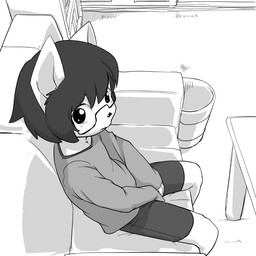 anthro biped bottomwear clothing covering covering_crotch covering_self eyewear furniture glasses high-angle_view inside long_sleeves looking_at_viewer looking_up male shorts sitting sofa solo young young_anthro young_male manmosu_marimo shota_feline_(marimo) domestic_cat felid feline felis mammal 1:1 2015 digital_media_(artwork) monochrome