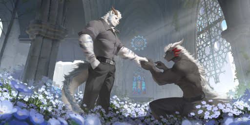 anthro anthro_on_anthro biped black_bottomwear black_clothing black_pants blue_eyes blue_flower blue_markings blue_stripes bottomwear brown_horn cheek_spikes clothed clothing duo facial_horn facial_spikes flower fur grey_body grey_clothing grey_topwear hair hand_holding holding_ring horn inside kneeling male male/male markings marriage_proposal mouth_closed muscular muscular_anthro muscular_male nose_horn orange_eyes pants plant ruins short_hair side_view spikes spikes_(anatomy) standing striped_arms stripes topless topwear white_body white_fur white_hair white_horn awaldkize mythology dragon felid hybrid mammal mythological_creature mythological_scalie scalie absurd_res hi_res