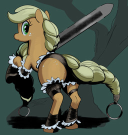 blonde_hair braided_hair butt clothed clothed_feral clothing female feral freckles green_eyes hair hooves legwear long_hair looking_at_viewer looking_back melee_weapon orange_body plant quadruped solo sword tail tree weapon yellow_tail ton618 friendship_is_magic hasbro my_little_pony applejack_(mlp) earth_pony equid equine horse mammal pony absurd_res hi_res