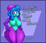 annoyed anthro big_breasts blue_body blue_hair bottom_heavy bovid_horn breasts caprine_horn dialogue featureless_breasts featureless_crotch female gesture hair hand_gesture hand_on_hip horn impregnation_request looking_at_viewer multicolored_body nude open_mouth pinata pink_eyes purple_body purple_skin ram_horn simple_background small_waist solo standing tail text thick_thighs wide_hips gazaster fia_(gazaster) animate_inanimate bovid living_pinata mammal 2024 absurd_res digital_media_(artwork) english_text hi_res