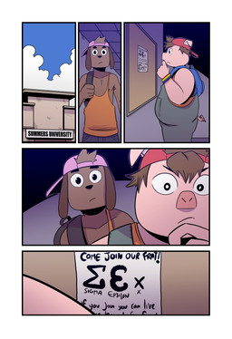 anthro backpack backwards_baseball_cap backwards_hat baseball_cap brown_body brown_fur brown_hair clothing cloud day dialogue duo floppy_ears fur hair hand_on_chin hat headgear headwear inside long_ears looking_at_another male noticeboard orange_clothing orange_shirt orange_topwear overalls pink_body pink_clothing pink_hat pink_headwear pride_color_accessory reading red_clothing red_hat red_headwear school shirt sky spiral_tail standing tank_top text thinking topwear university wristband t0l0k octavio_(t0l0k) roy_(t0l0k) canid canine canis domestic_dog domestic_pig mammal suid suine sus_(pig) comic english_text hi_res multiple_scenes